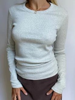 T-Shirts & Tops>Djerf Avenue Daily Long Sleeve Top Ribbed Grey Melange