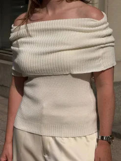 T-Shirts & Tops|Sweaters>Djerf Avenue Knitted Bardot Top White