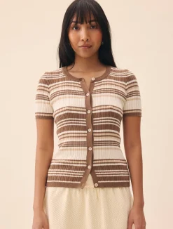 T-Shirts & Tops|Knitwear>Djerf Avenue Knitted Short Sleeve Cardigan Brown Stripe