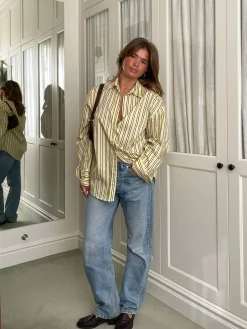 Shirts & Blouses>Djerf Avenue Poplin Classic Shirt Honey Stripe