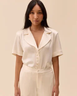 Shirts & Blouses>Djerf Avenue Satin Short Sleeve Blouse Ivory