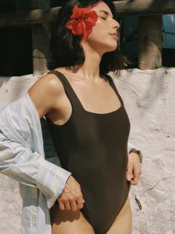 Swimwear>Djerf Avenue Square Neck Swimsuit Cocoa
