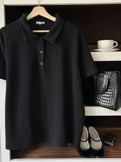 T-Shirts & Tops>Djerf Avenue Textured Polo Top Black