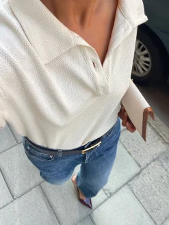 T-Shirts & Tops>Djerf Avenue Textured Polo Top Cream