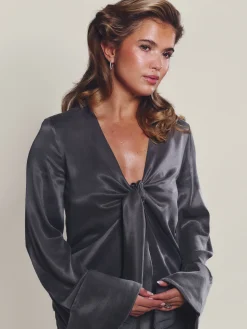 Shirts & Blouses>Djerf Avenue Tie Top Long Sleeve Storm
